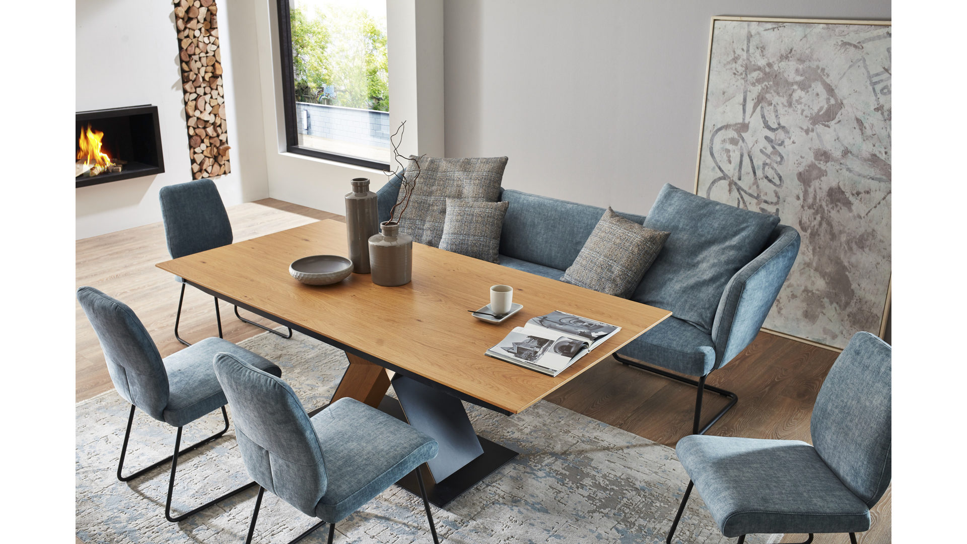 Esstisch K+w polstermöbel aus Metall Furnier Holz MDF in Holzfarben Schwarz K+W Esstisch MIKKADO TUBE Funktionstisch 200 - 300 cm Platte Asteiche natur furniert, Gestell Eiche-MDF schwarz, BxHxT: ca. 200-300x75x100 cm