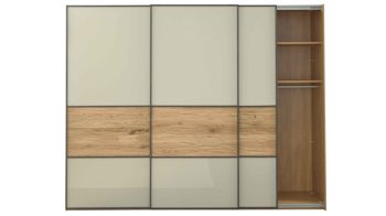 Wandregal Interliving aus Holz in Hellgrau Interliving Schlafzimmer Serie 1027 – Komplettzimmer mit Paneelen & Passepartout Eiche bianco & Champagner - Liegefläche ca. 180 x 200 cm