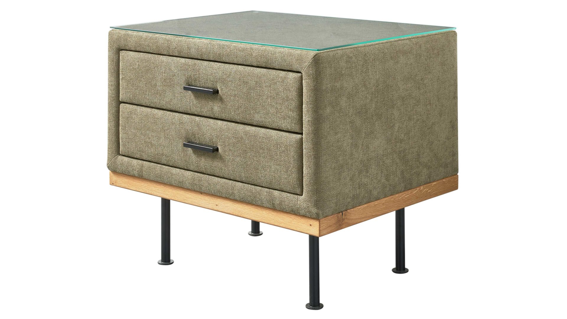 Nachtkommode Interliving aus Stoff in Grün Interliving Boxspringbett Serie 1415 - Nachtkommode NK I823 olivgrüner Stoffbezug ELK 323 - zwei Schubladen