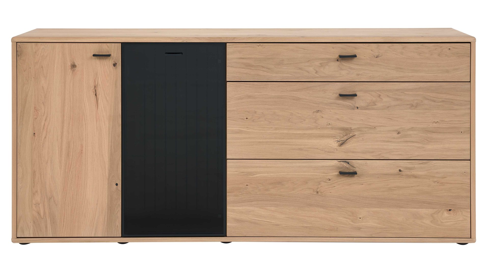 Sideboard Interliving aus Holz in Holzfarben Interliving Wohnzimmer Serie 2024 - Sideboard Eiche & Schwarzglas - zwei Türen, drei Schubladen, Länge ca. 200 cm
