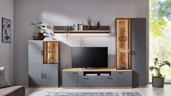 Wohnwand Ideal möbel aus Folie Holz in Dunkelgrau Wohnprogramm Houton - Wohnwand mit TV-Möbel Grau  & Eiche Artisan – vierteilig, Breite ca. 350 cm