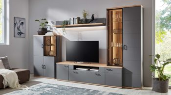Wohnwand Ideal möbel aus Folie Holz in Dunkelgrau Wohnprogramm Houton - Wohnwand mit TV-Möbel Grau  & Eiche Artisan – vierteilig, Breite ca. 350 cm