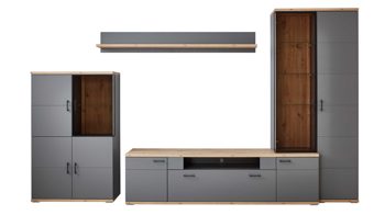 Wohnwand Ideal möbel aus Folie Holz in Dunkelgrau Wohnprogramm Houton - Wohnwand mit TV-Möbel Grau  & Eiche Artisan – vierteilig, Breite ca. 350 cm