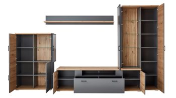 Wohnwand Ideal möbel aus Folie Holz in Dunkelgrau Wohnprogramm Houton - Wohnwand mit TV-Möbel Grau  & Eiche Artisan – vierteilig, Breite ca. 350 cm