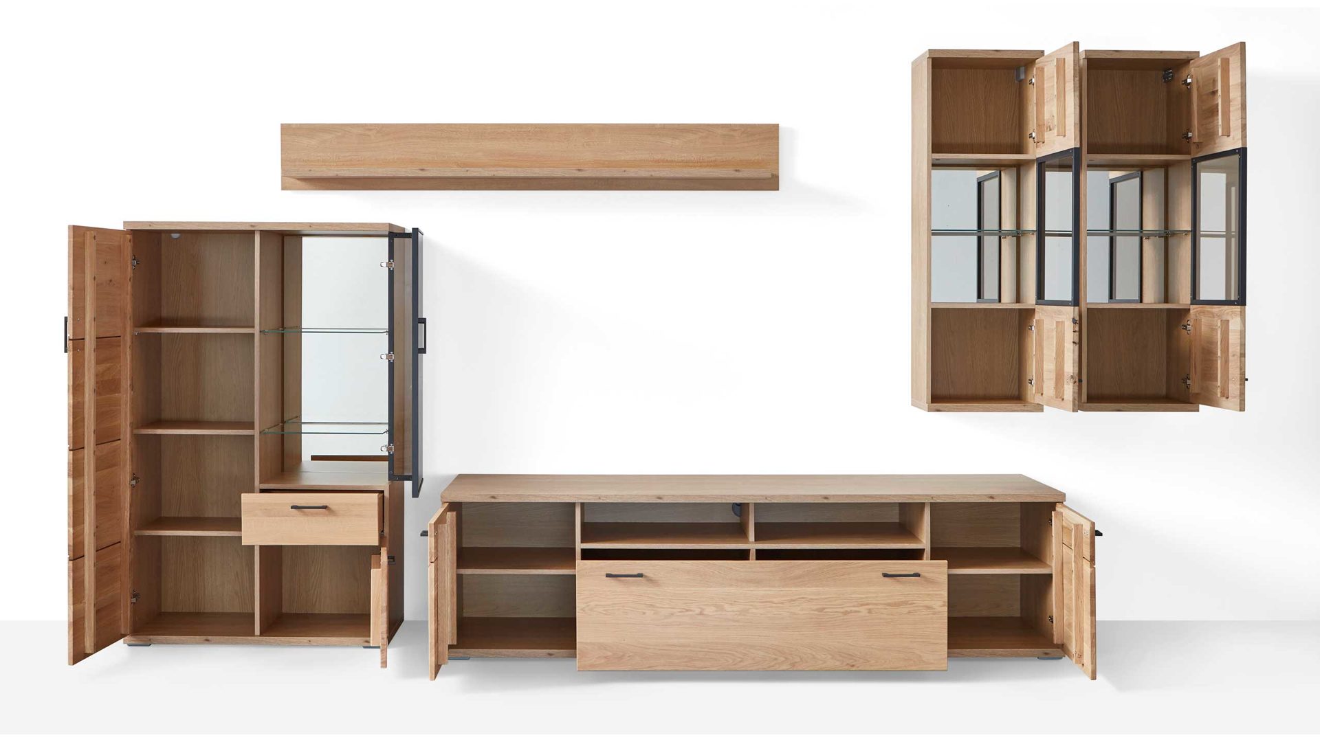 Wohnwand Ideal möbel aus Holz in Holzfarben IDEAL Wohnwand Siegen, Wohnkombination 5-tlg. Front alteiche Lamelle massiv & braunes Parsolglas – Breite ca. 364 cm