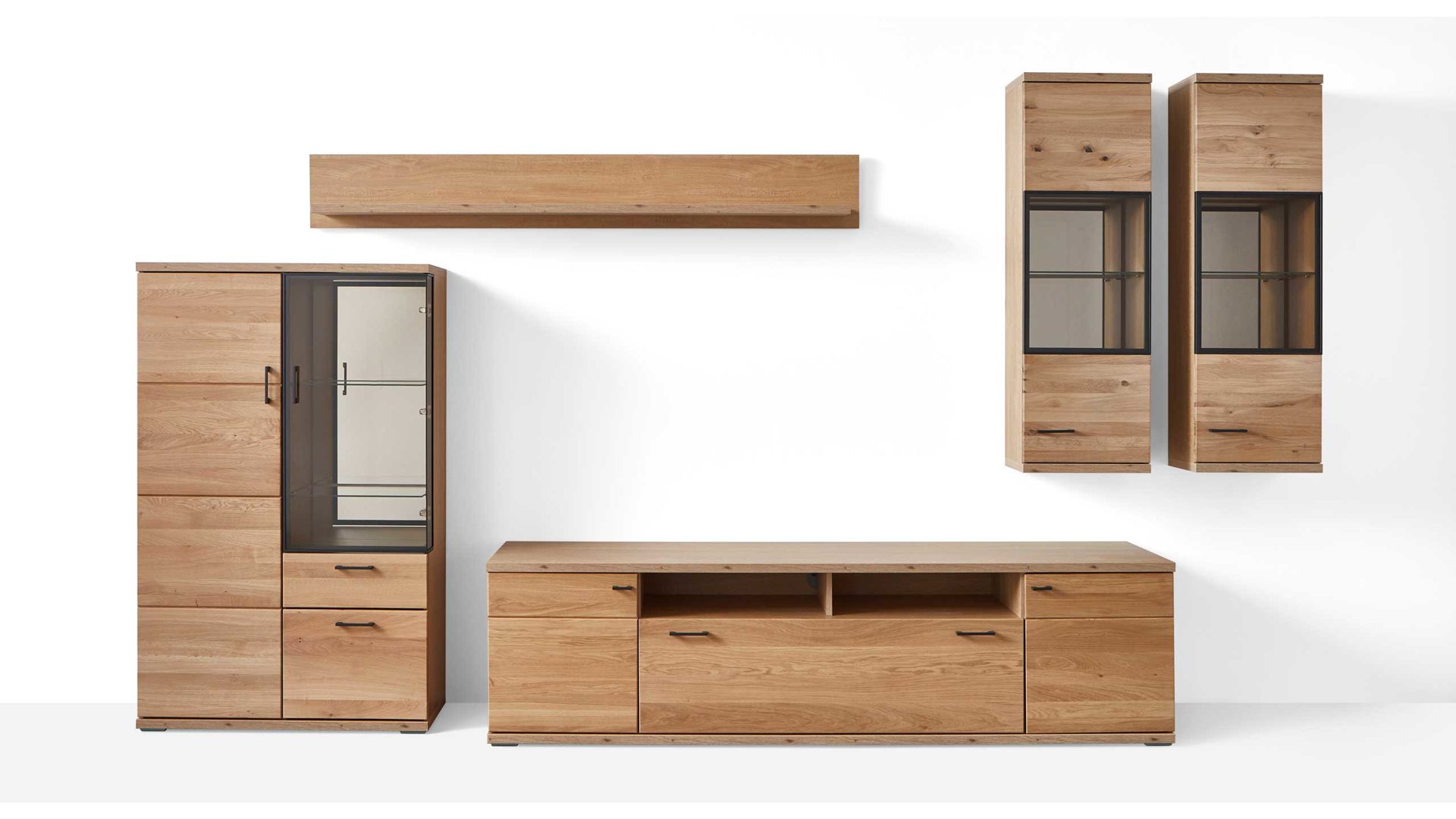 Wohnwand Ideal möbel aus Holz in Holzfarben IDEAL Wohnwand Siegen, Wohnkombination 5-tlg. Front alteiche Lamelle massiv & braunes Parsolglas – Breite ca. 364 cm