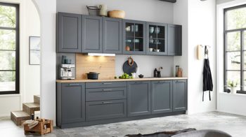 Einbauküche WERT KÜCHE® aus Holz in Schwarz WERT KÜCHE® Vida mit SIEMENS Einbaugeräten Lavaschwarz Satin & Wildeiche natur - zweiteilig