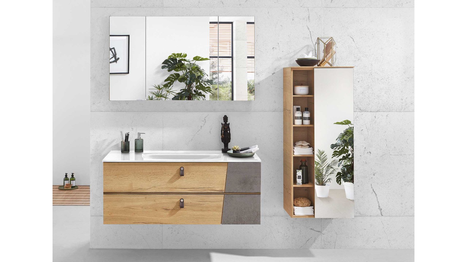 Badezimmer Pelipal aus Kunststoff MDF Spiegel in Holzfarben Hell Dunkelgrau Bad-Kombination 7040 Spiegelschrank, Glaswaschtisch mit Unterschrank Halifax Eiche Nachbildung, Oxid dunkelgrau quer - 3-tlg.