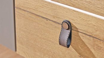 Badezimmer Pelipal aus Kunststoff MDF Spiegel in Holzfarben Hell Dunkelgrau Bad-Kombination 7040 Spiegelschrank, Glaswaschtisch mit Unterschrank Halifax Eiche Nachbildung, Oxid dunkelgrau quer - 3-tlg.