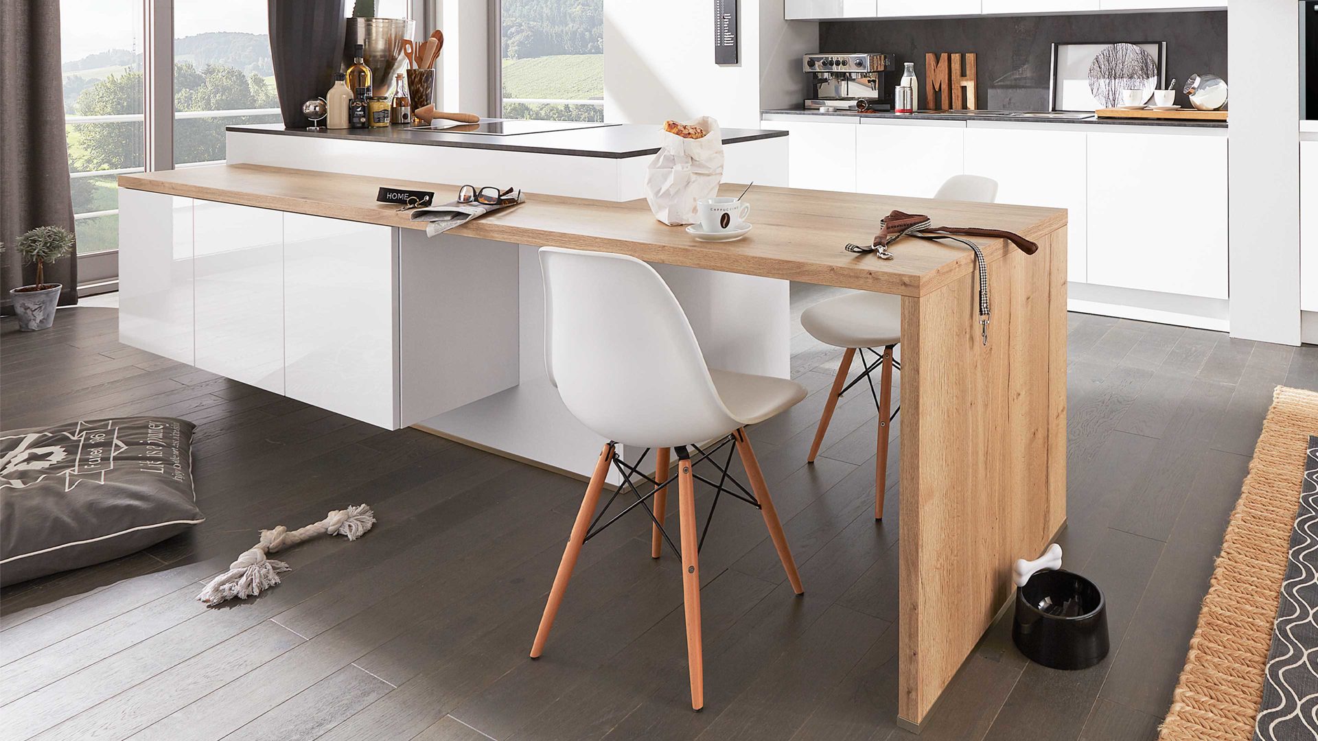 Einbauküche WERT KÜCHE® aus Holz in Weiß WERT KÜCHE® Uni Gloss mit SIEMENS Einbaugeräten Kristallweiß & Oxid graphit - dreiteilig