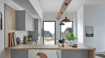 Einbauküche Nobilia® aus Holz in Grau nobilia® Einbauküche Stone Art mit Einbaugeräten Basalt Taupegrau & Eiche Bergamo – zweizeilig