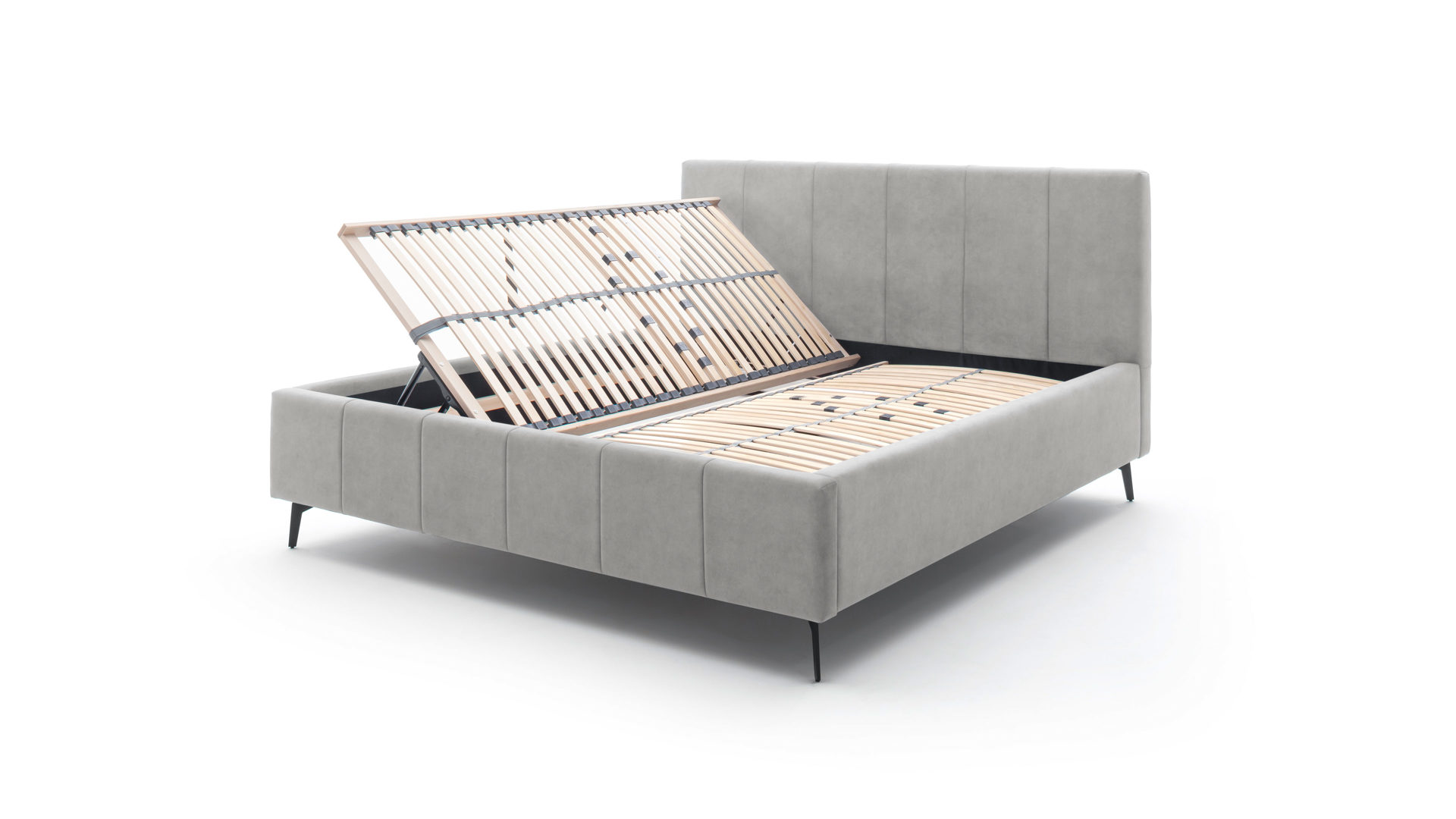 Polsterbett Meise.möbel aus Stoff in Hellgrau Polsterbettgestell Lizzano mit Bettkasten hellgrauer Samtbezug Cloud 81 & Metallfüße - Liegefläche ca. 180 x 200 cm