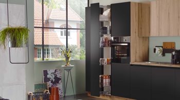 Einbauküche Express küchen aus Holz in Schwarz EXPRESS KÜCHEN Einbauküche Clean mit Einbaugeräten Mattschwarz & Eiche astig - Länge ca. 433 cm