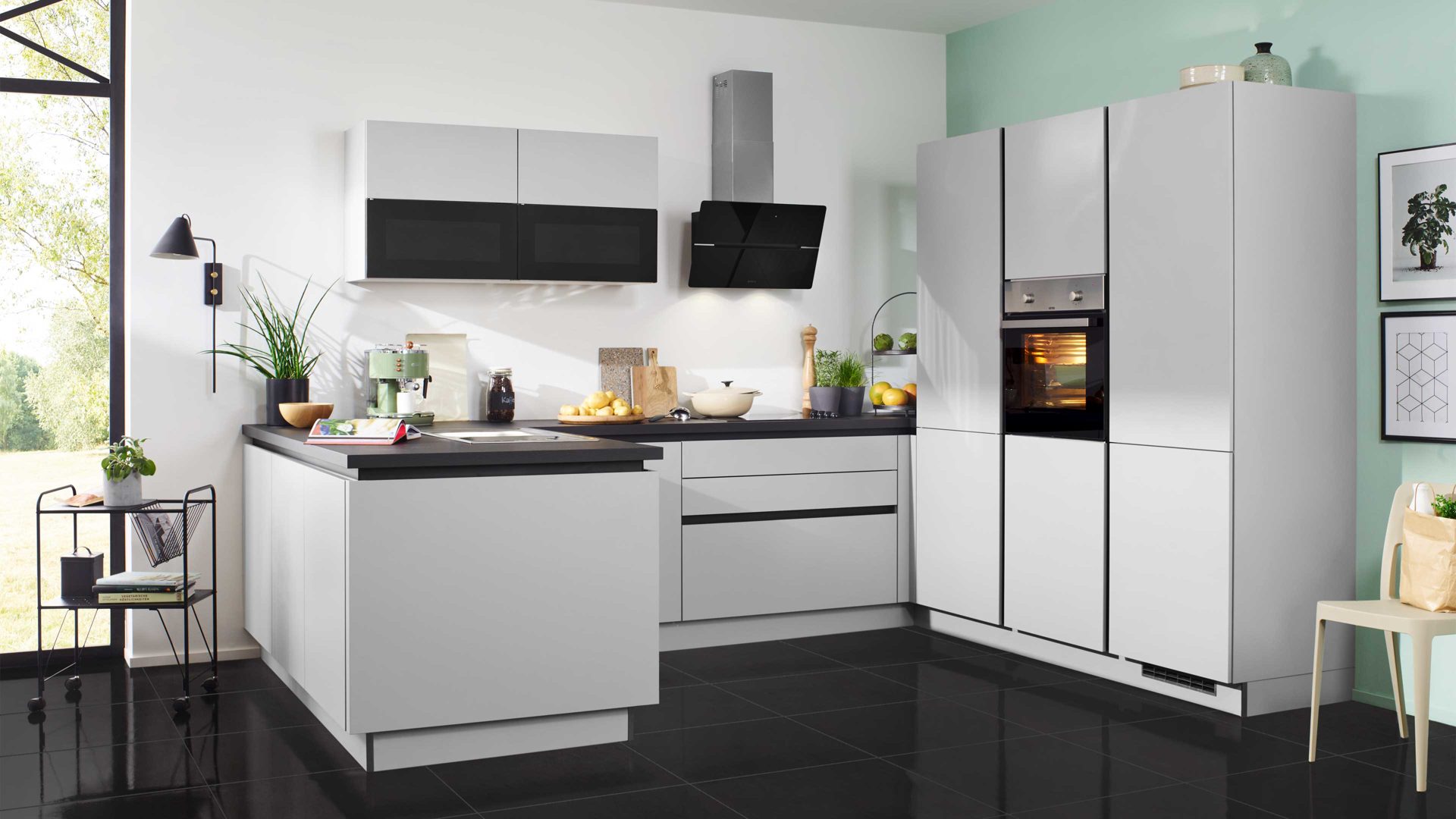 Einbauküche Express küchen aus Holz in Hellgrau EXPRESS KÜCHEN Einbauküche Win mit Elektrogeräten Hellgrau - Stellfläche ca. 315 x 251 cm