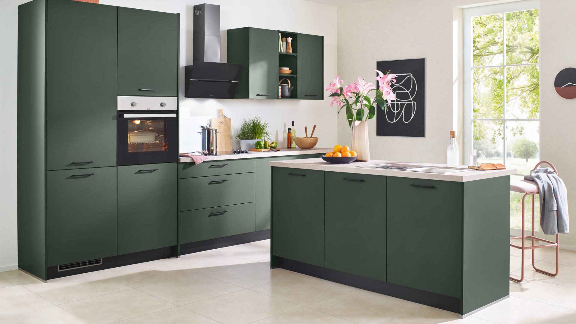 Einbauküche Express küchen aus Holz in Dunkelgrün EXPRESS KÜCHEN Einbauküche Clean mit Elektrogeräten Dunkelgrün - zweiteilig