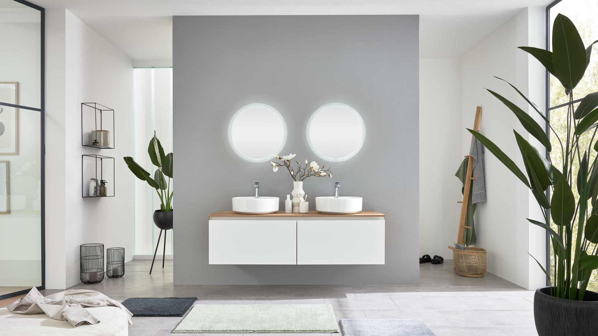 Badmöbel-Set Interliving aus Holz in Weiß Interliving Bad Serie 7332 - Badmöbel-Set Alpinweiß & Eiche Sierra