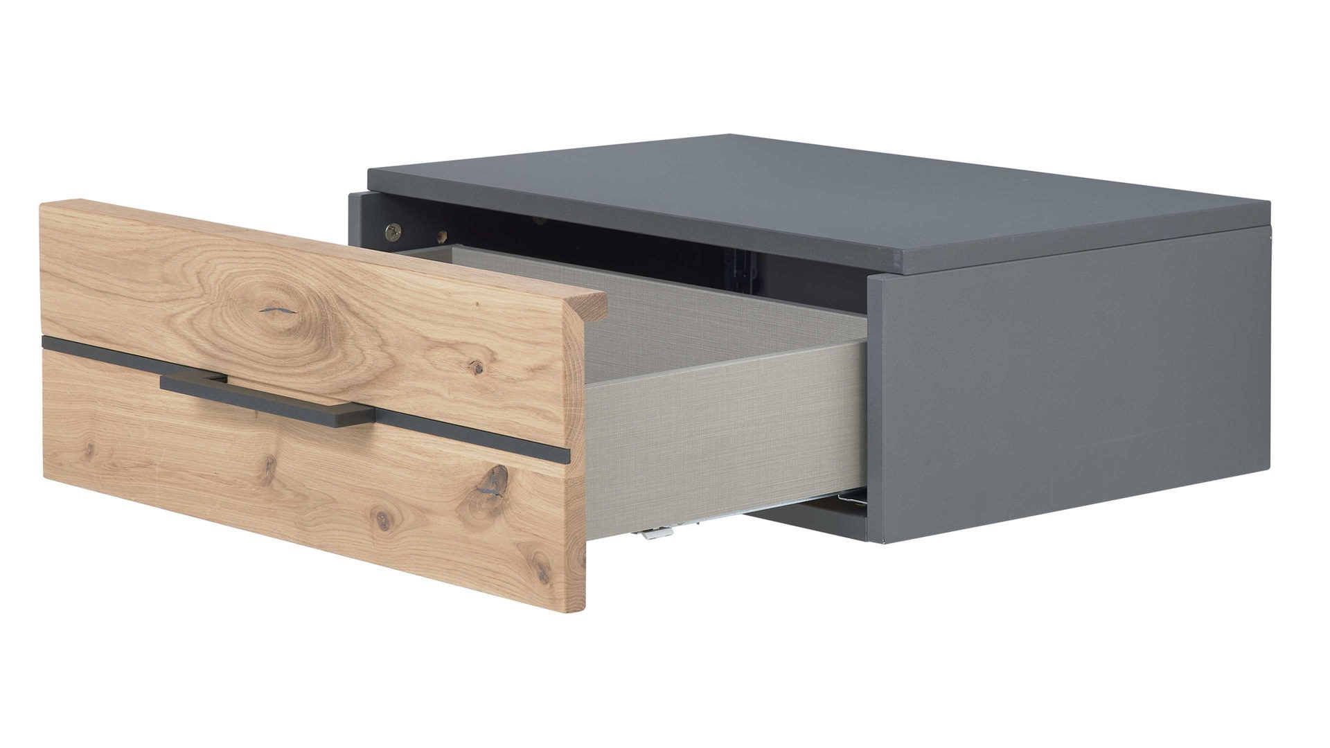 Nachtkommode Interliving aus Holz in Holzfarben Interliving Schlafzimmer Serie 1029 – Hängekonsole 528735 links, eine Schublade - Wildeiche & Graphit