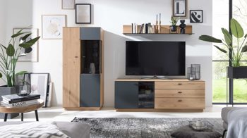 Wohnwand Interliving aus Holz in Holzfarben Interliving Wohnzimmer Serie 2025 - Wohnwand Wildeiche, Anthrazit & Kork - dreiteilig, Breite ca. 265 cm