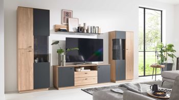 Wohnwand Interliving aus Holz in Holzfarben Interliving Wohnzimmer Serie 2025 - Wohnwand Wildeiche, Anthrazit & Kork - vierteilig, Breite ca. 325 cm