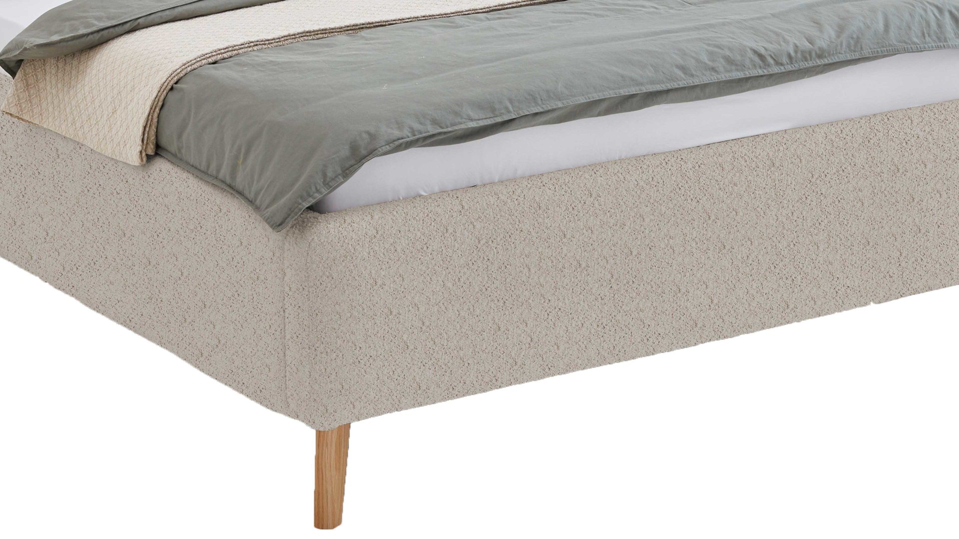 Bettgestell Meise.möbel aus Stoff in Beige Polsterbettgestell Mattis mit Bettkasten beigefarbener Boucle Bezug Abriamo 3 & Holzfüße - Liegefläche ca. 180 x 200 cm