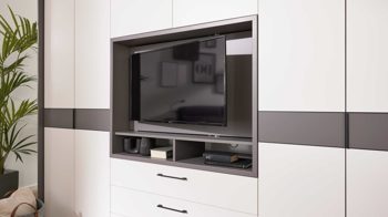 Kleiderschrank Interliving aus Holz in Grau Interliving Kleiderschrank Serie 1207 – Kleiderschrank mit TV-Nische Weiß & Manhattan – sechs Türen, zwei Schubladen, Breite ca. 300 cm