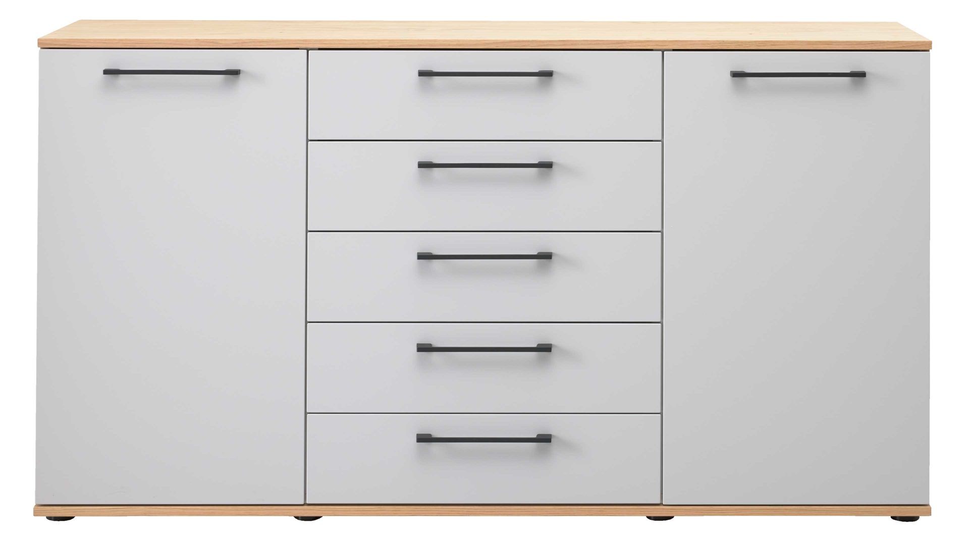Kombikommode Interliving aus Holz in Hellgrau Interliving Kleiderschrank Serie 1207 – Kombikommode Satingrau & Wildeiche – zwei Türen, fünf Schubladen, Breite ca. 151 cm