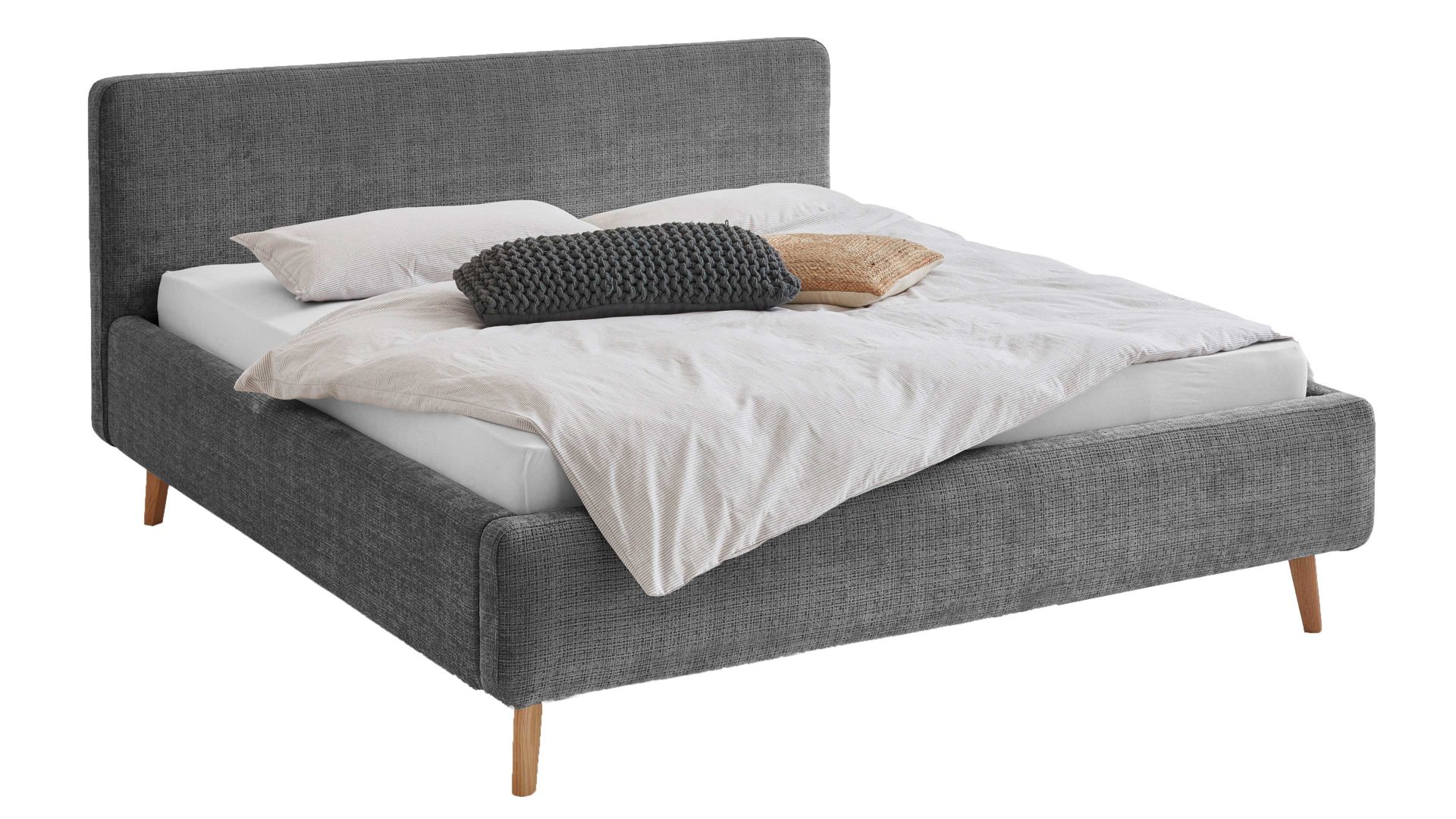 Bettgestell Meise.möbel aus Stoff in Anthrazit Polsterbettgestell Mattis mit Bettkasten anthrazitfarbener Chenille Bezug Yunus 23 & Holzfüße - Liegefläche ca. 160 x 200 cm