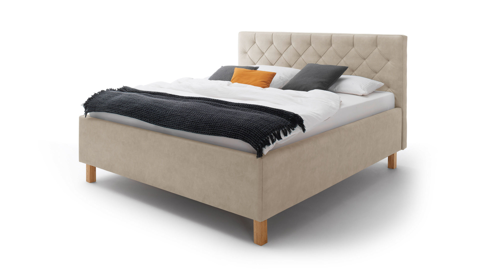 Polsterbett Meise.möbel aus Stoff in Beige Polsterbett San Remo mit Bettkasten beiger Bezug Bulus 02 & eichefarbene Holzfüße - Liegefläche ca. 180 x 200 cm