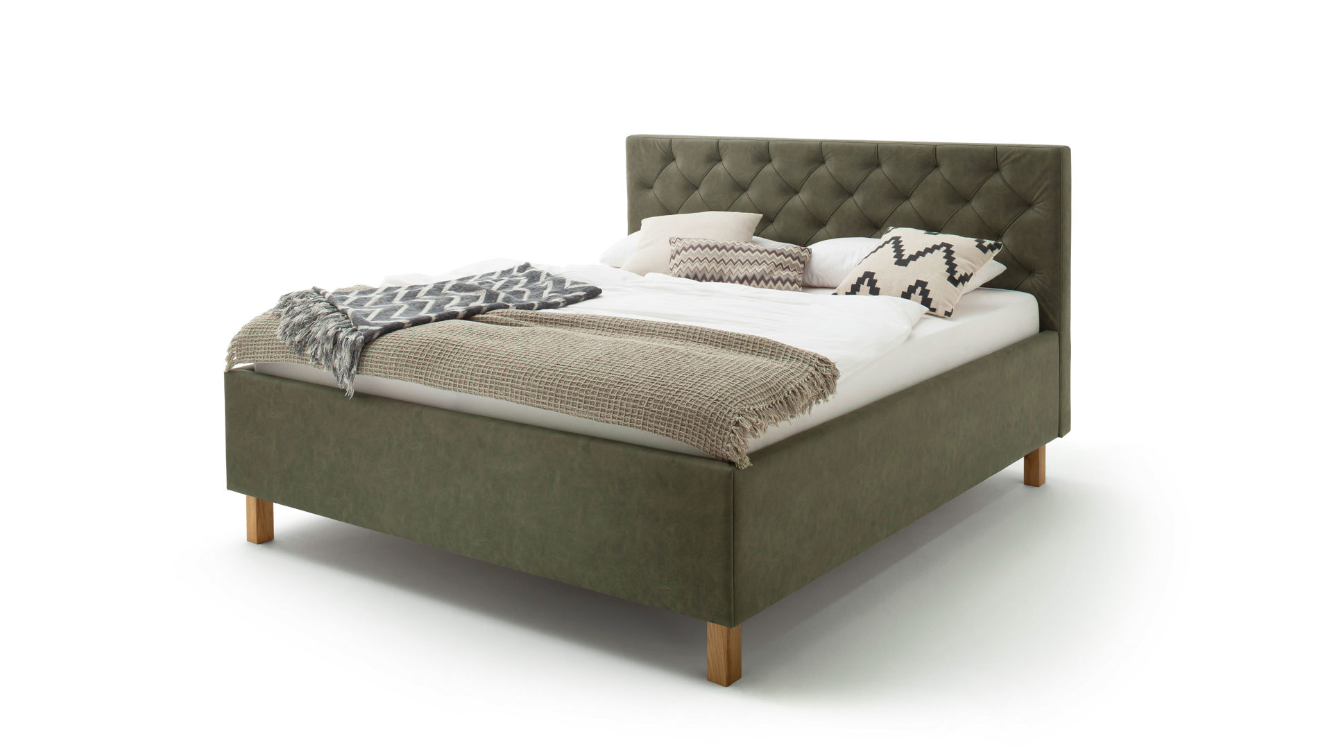 Polsterbett Meise.möbel aus Stoff in Grün Polsterbett San Remo mit Bettkasten grüner Bezug Bulus 17 & eichefarbene Holzfüße - Liegefläche ca. 180 x 200 cm