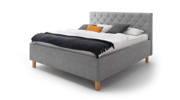 Polsterbett Meise.möbel aus Stoff in Hellgrau Polsterbett San Remo mit Bettkasten hellgrauer Bezug Bulus 32 & eichefarbene Holzfüße - Liegefläche ca. 180 x 200 cm