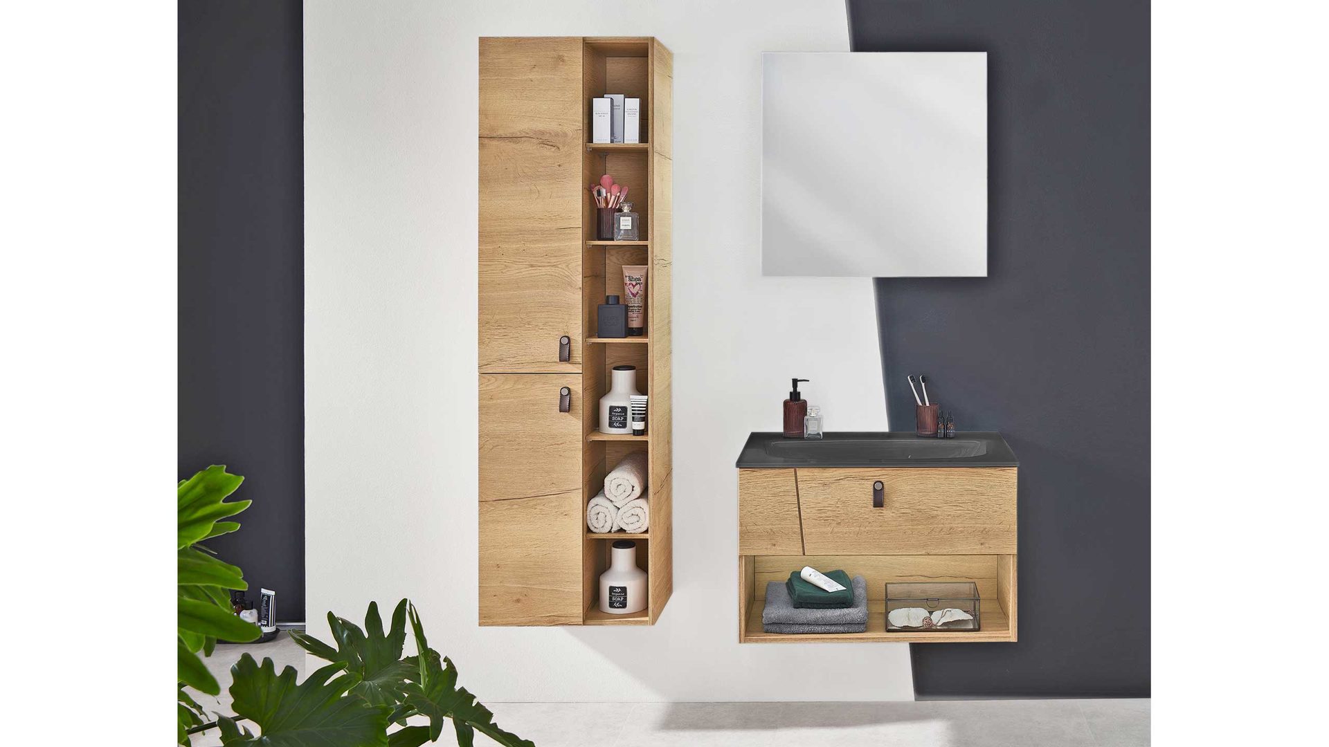 Badezimmer Pelipal aus Kunststoff MDF Spiegel in Holzfarben Bad-Kombination 7040 Spiegel, Glaswaschtisch mit Unterschrank Halifax Eiche Nachbildung, Korpus Comfort E, Muster quer