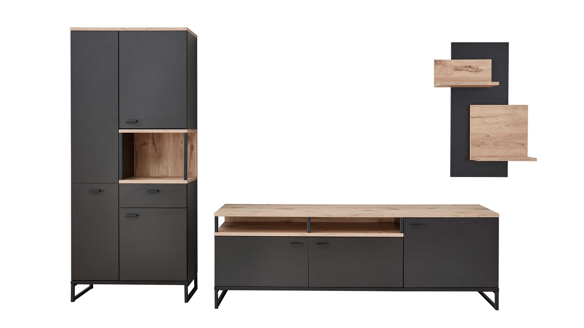 Wohnwand Ideal möbel aus Holz Nachbildung in Dunkelgrau Holzfarben IDEAL Wohnkombination MOUNTAIN Wohnwand mit TV-Möbel Cosmos grey, Absetzung Eiche Viking Nachbildung