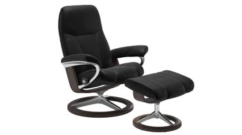 Sessel Ekornes aus Leder in Schwarz Silber Stressless CONSUL M Signature Relax-Sessel und Hocker Leder Medium, Leder Batick 093 Black 19, Gestell Signature Schwarz 05