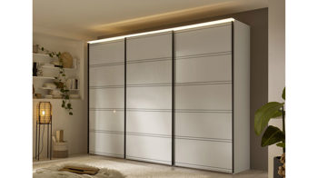 Kleiderschrank Staud aus Glas Holz Kunststoff in Grau Schwarz STAUD Schwebetürenschrank Sonate Prato Perlglas grau & schwarze Streifen – drei Türen, Breite ca. 336 cm