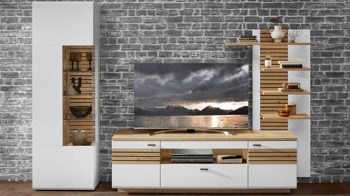 Wohnwand MIVIVO aus Holz in Weiß MIVIVO Wohnprogramm Fresno - Wohnwand Mattweiß & Artisan Eiche - dreiteilig, Breite ca. 296 cm