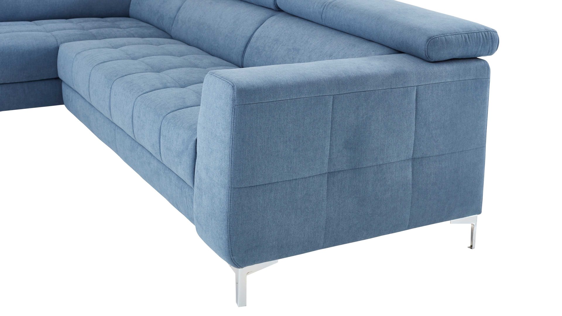 Ecksofa KAWOO aus Stoff in Blau KAWOO Serie 7567 - Ecksofa taubenblauer Bezug EQE 16 & Chromfuß C17 - Stellfläche ca. 201 x 293 cm