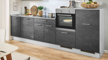 Einbauküche Pino küchen aus Holz Kunststoff Metall in Graphit moderne pino Einbauküche inklusive ALTUS Einbaugeräte Graphit- & Lichtgrau - Länge ca. 310 cm