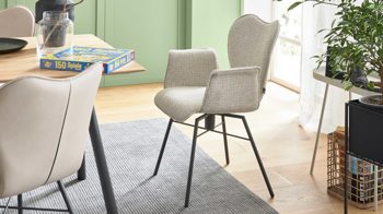 Polsterstuhl Interliving aus Stoff in Beige Interliving Esszimmer Serie 5115 - Armlehnstuhl Aiko Four A32 beiger Bezug Shout 05 & anthrazitfarbenes Metall