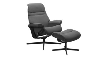 Relaxsessel Ekornes aus Aluminium Holz Leder in Grau Schwarz Stressless Sunrise M Cross Relaxsessel und Hocker Leder Batick 79 grey, Gestell und Base schwarz