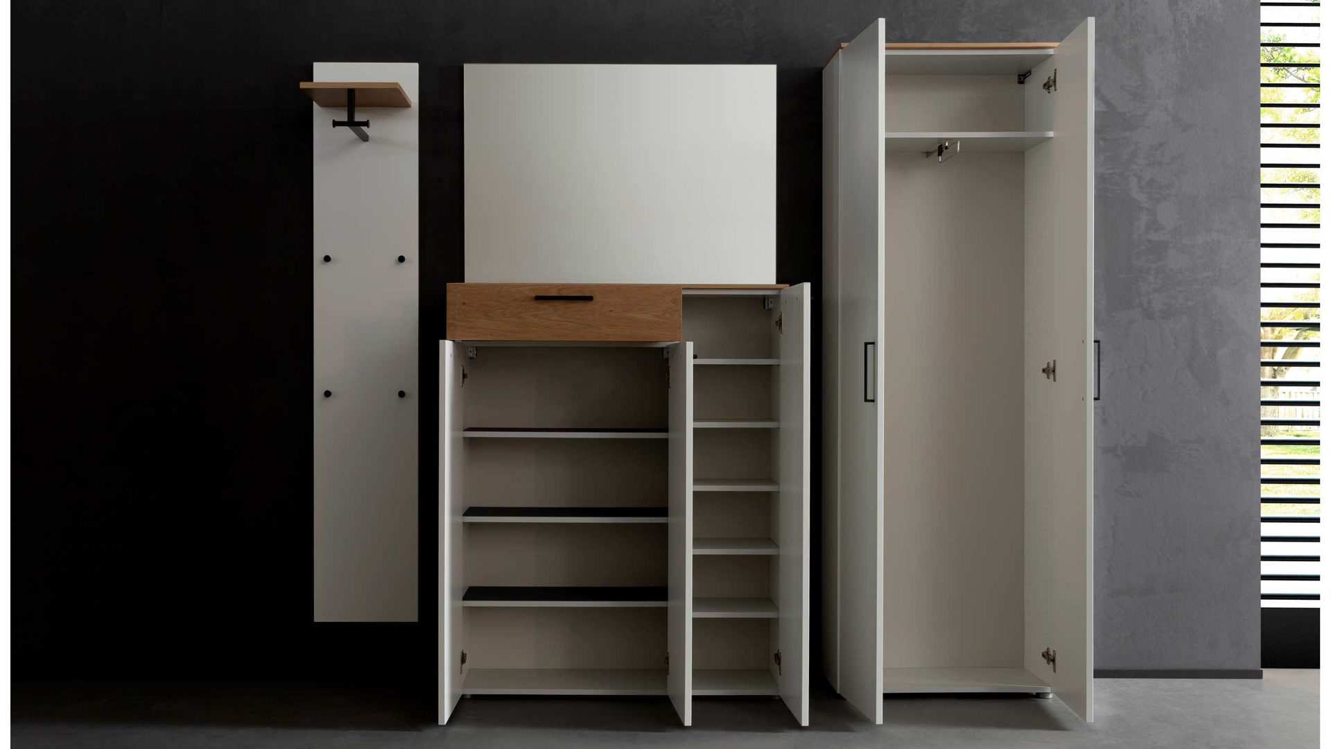 Garderoben-Set Wittenbreder aus Holz Nachbildung in Weiß Garderobenkombination Palma Garderobe 4-tlg. weisser Lack & Wildeiche Bianco