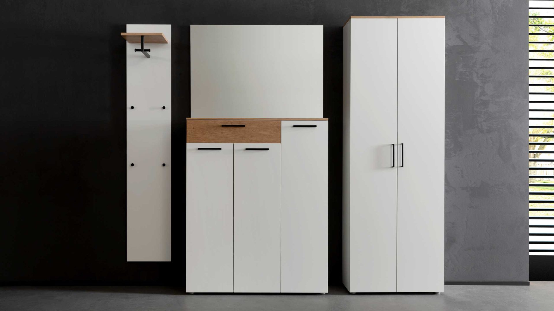 Garderoben-Set Wittenbreder aus Holz Nachbildung in Weiß Garderobenkombination Palma Garderobe 4-tlg. weisser Lack & Wildeiche Bianco