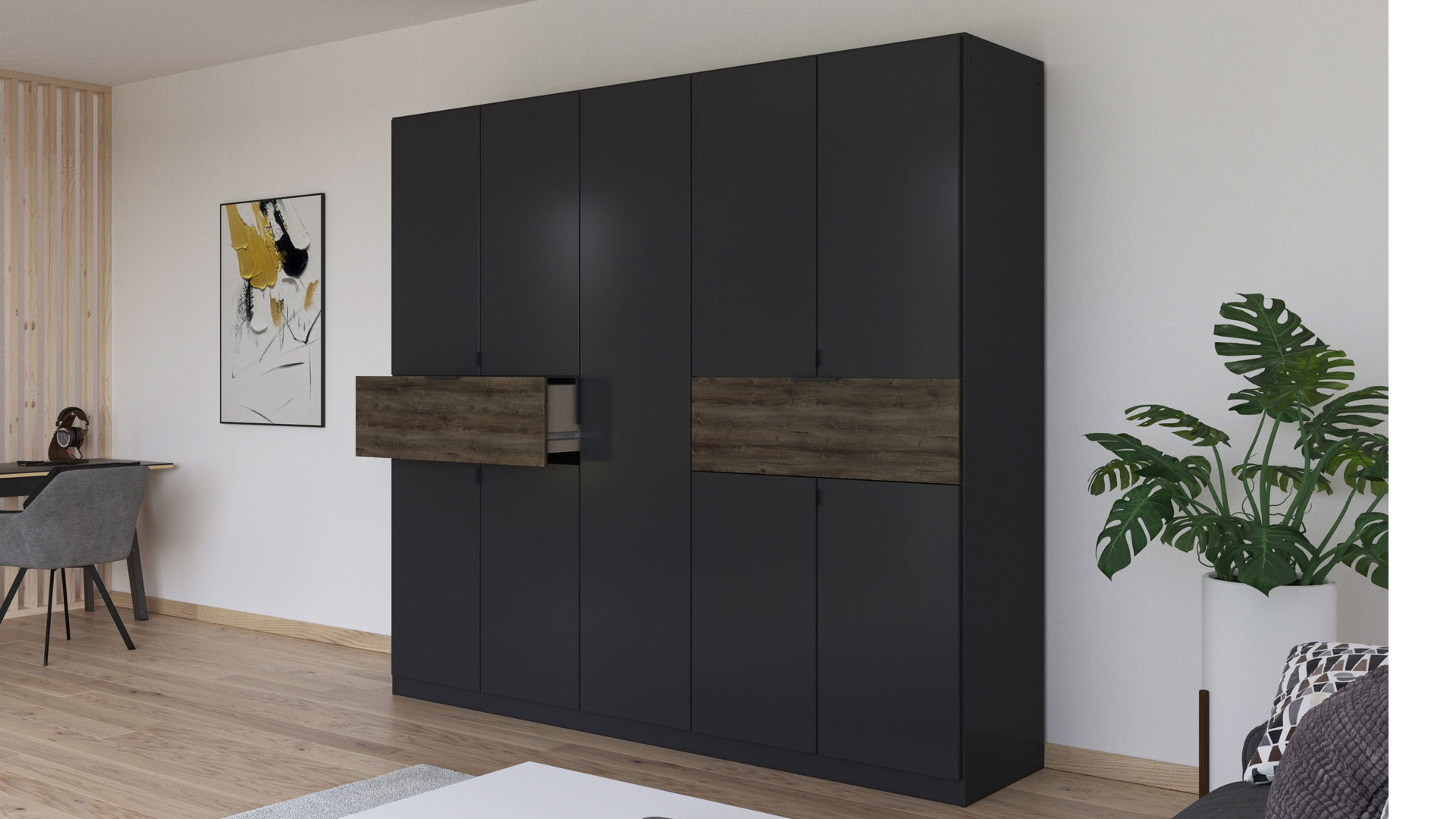 Kleiderschrank Rauch aus Holz in Grau rauch BLUE Drehtürenschrank Ticao Grau-Metallic & Atlantic Oak - Breite ca. 226 cm