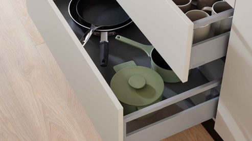 Einbauküche WERT KÜCHE® aus Holz in Grau WERT KÜCHE® Mattea mit Side by Side Kühl-Gefrierkombi Kieselgrau & Wildeiche - zweizeilig