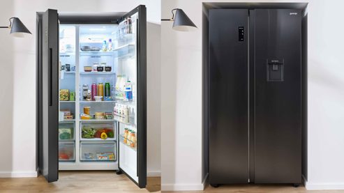 Einbauküche WERT KÜCHE® aus Holz in Hellgrau WERT KÜCHE® Mattea mit Side by Side Kühl-Gefrierkombi Kieselgrau & Wildeiche - zweiteilig