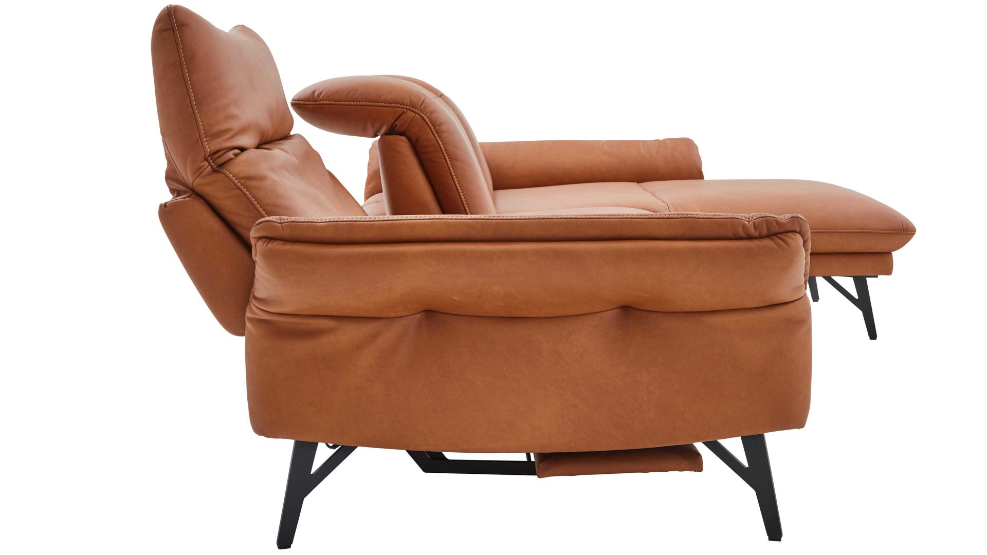 Ecksofa Himolla aus Leder in Orange himolla Polsterprogramm 1385-Promotion - Ecksofa mit motorischer Funktion brandyfarbenes LongLife-Leder LG24 & anthrazitfarbene Metallfüße - Stellfläche ca. 304 x 175 cm