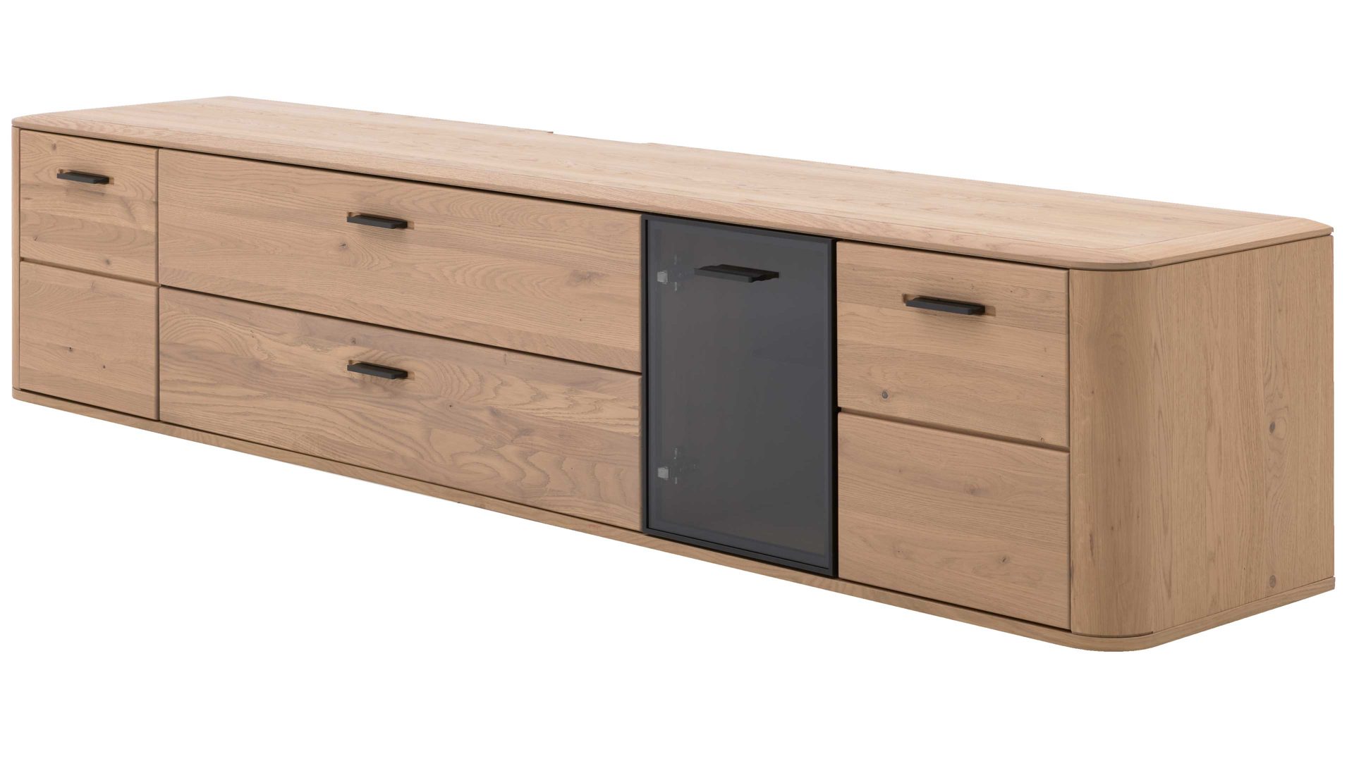 Lowboard Interliving aus Holz in Holzfarben Interliving Wohnzimmer Serie 2029 - Hänge-Lowboard Wildeiche & Granit-Steinoptik - vier Türen, eine Schublade, Länge ca. 220 cm