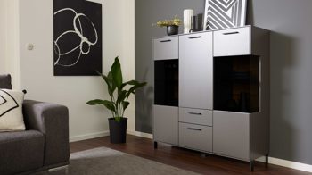 Highboard Interliving aus Holz in Dunkelgrau Interliving Wohnzimmer Serie 2030 - Highboard 22 Wolfram Grey & Spaltholz - drei Türen, zwei Schubladen, Breite ca. 120 cm