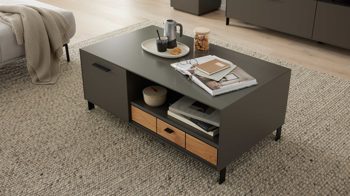 Couchtisch Interliving aus Holz in Dunkelgrau Interliving Wohnzimmer Serie 2030 - Couchtisch 02 Wolfram Grey & Spaltholz - zwei Türen, eine Schublade, ca. 110 x 60 cm