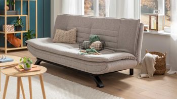 Schlafsofa Actona aus Stoff in Beige Schlafsofa - Schlafcouch als vielseitiges Polstermöbel beiger Stoffbezug & mattschwarzes Gestell