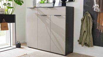 Kombikommode Interliving aus Holz in Grau Interliving Garderobe Serie 6012 - Kombikommode graubeiger Mattlack & Räuchereiche - drei Türen, eine Schublade, Breite ca. 120 cm